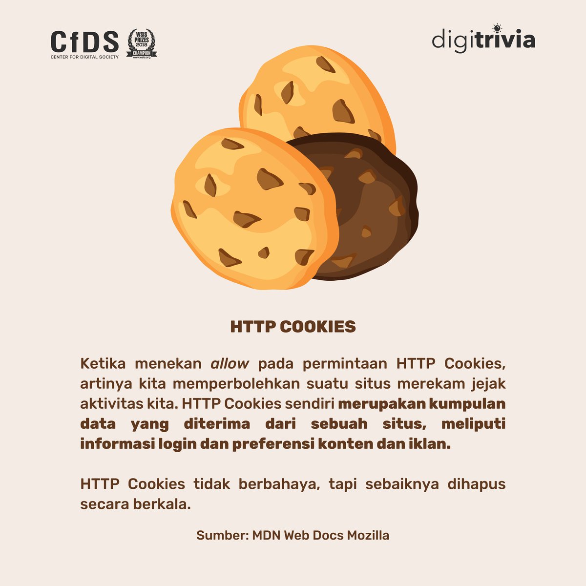 cfds_ugm's tweet photo. HTTP cookies sering muncul di berbagai laman. Ketika kita memperbolehkan akses cookies, apa sih yang akan terjadi? #digitrivia https://t.co/cPM0KrvsIU