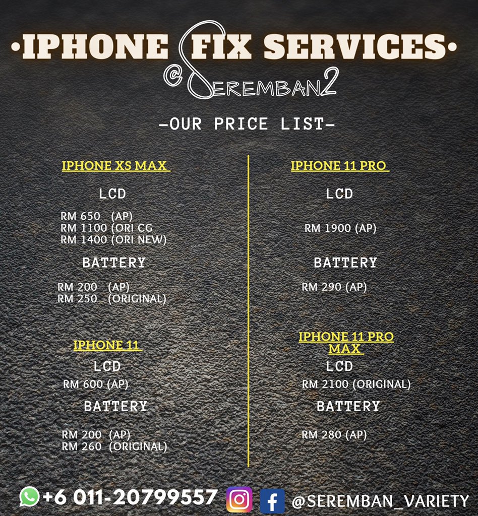 SerembanVariety's tweet photo. Hello guys, do click this link https://t.co/arZds6tXZr  for IPHONE FIX SERVICES @ seremban 2!! 
FACE TO FACE REPAIR CONCEPT👥l
Harga boleh refer dibawah ya😄 harga murah2!!REPAIR ON THE SPOT DIHADAPAN ANDA https://t.co/VbTLNnrGPK