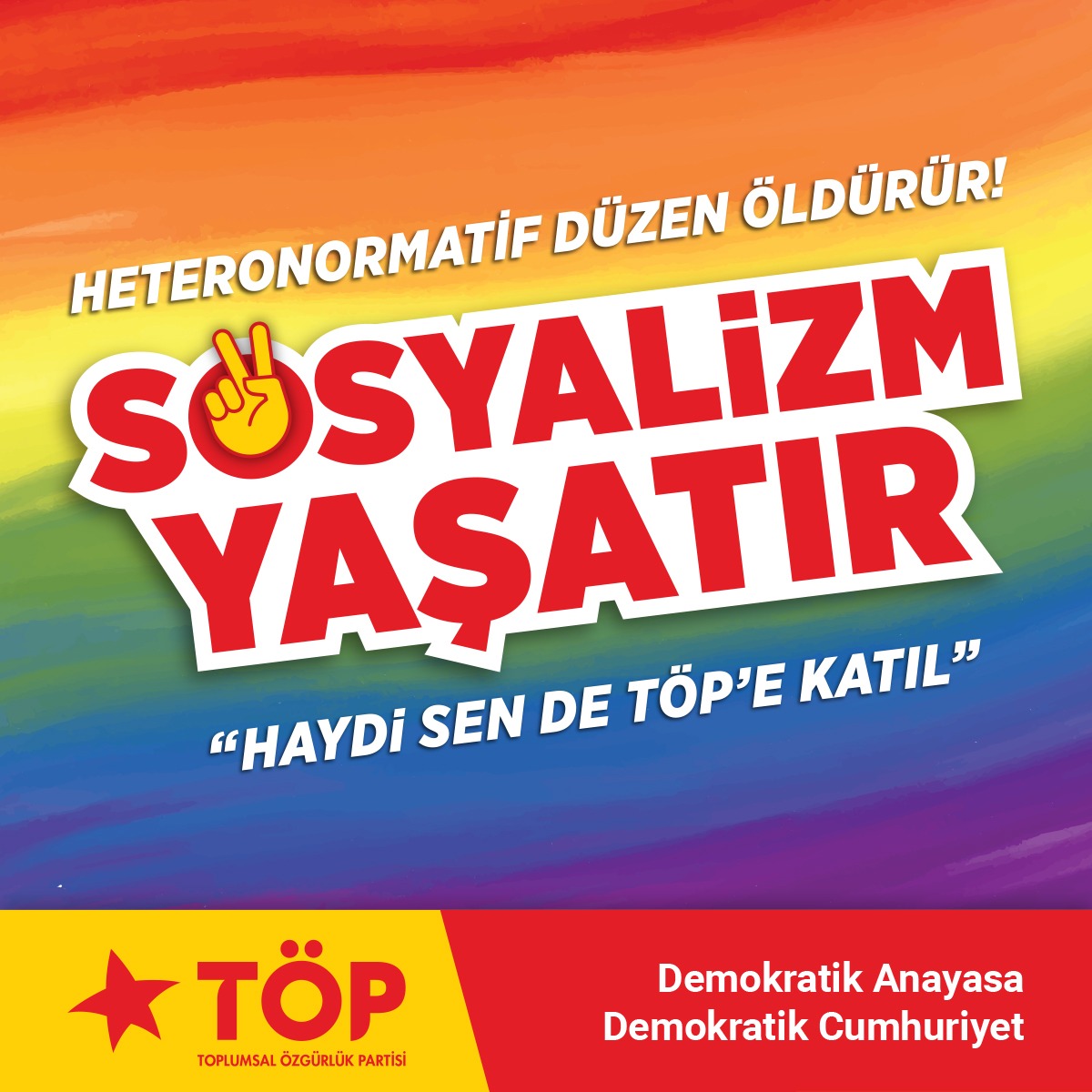 Sosyalizm LGBTİ+'ların temel insan haklarına sahip olması, eşit yurttaşlık, eğitim, sağlık, yaşam hakkı demek!

Heteronormatif düzen öldürür, #SosyalizmYaşatır

#TÖPeÜyeOl