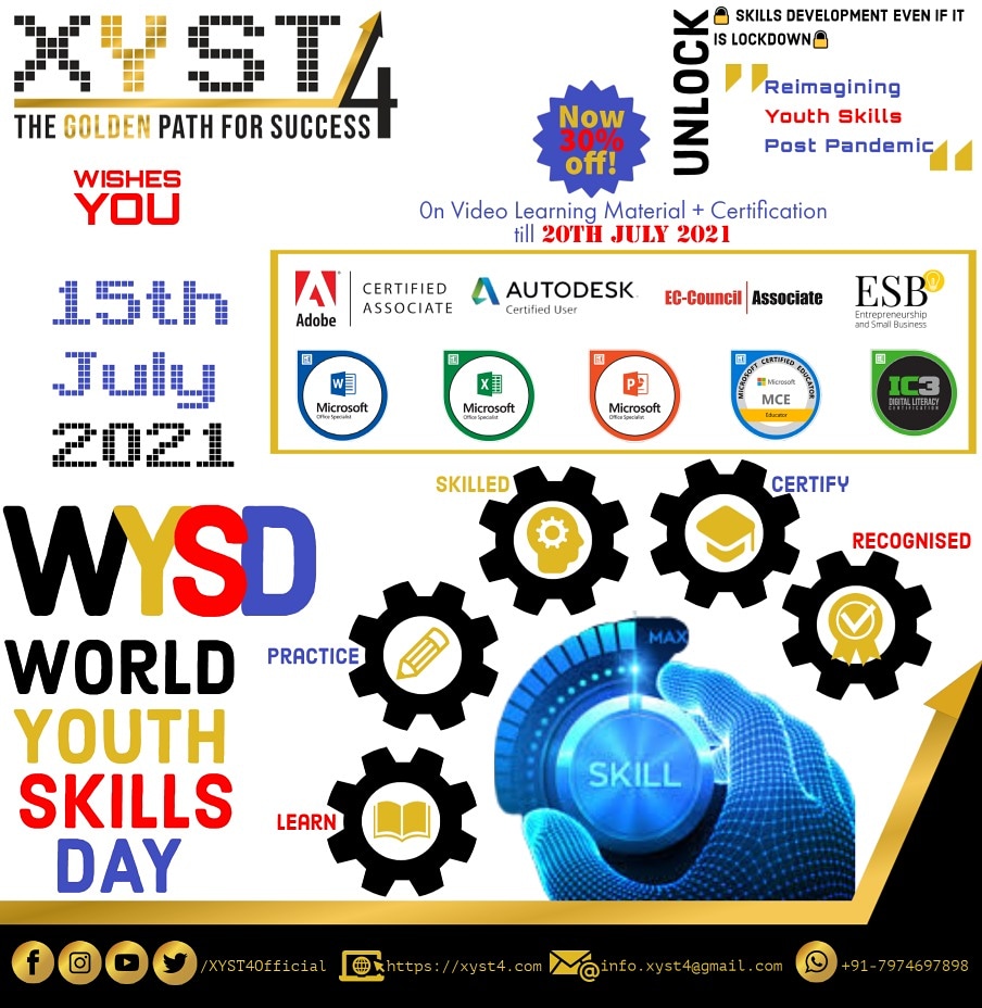 XYST4Co's tweet photo. Happy #WorldYouthSkillsDay2021
#WYSD2021
Get globally recognized certificates at a discount of 30%.

Offer Valid till 20th July 2021

Please fill this form below:
https://t.co/P1cuslJeuV

#WYSD2021
#WorldYouthSkillsDay
#Skills
#Youth
#Youthskills
#EducationForAll
#Skillindia https://t.co/tRnqmQlLDJ