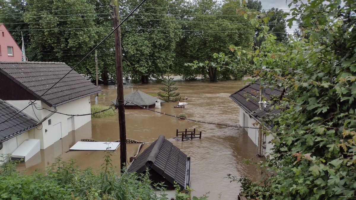 Bis zur Hälfte überflutete Häuser zwischen Bäumen.