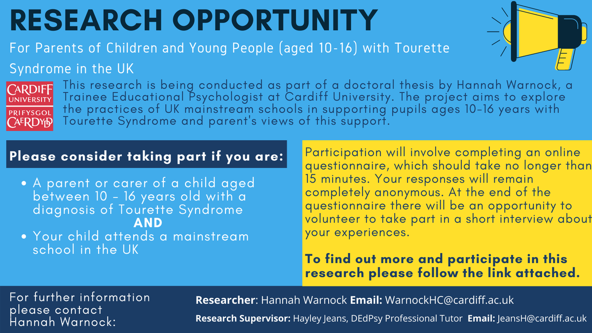 tourettesaction's tweet photo. 🗣️Research opportunity 🗣️ 
Are you a parent of a child aged 10-16 with TS?
Are you happy to complete a questionnaire?
Please follow the link attached: https://t.co/SM0zS1ymF2
or email: WarnockHC@cardiff.ac.uk for further information. 

#Reaserch #TourettesAction #Tourettes https://t.co/Wcr8lLk1cj