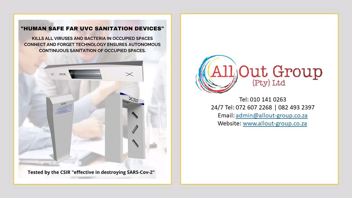 OutPty's tweet photo. Real time effortless sanitation.

Contact All Out Group today and find out how we can help you safe time on sanitation and keep your occupied spaces FREE from Viruses and Bacteria all day round.

CSIR TESTED !!!

Tel: 010 141 0263
Website: https://t.co/xt83rrS4oG https://t.co/0PqXcGQEhD