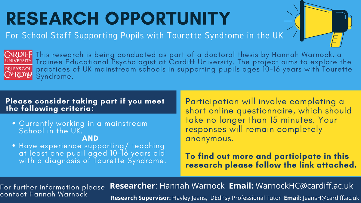 tourettesaction's tweet photo. 🗣️Research opportunity 🗣️ 
Are you a teacher or school support staff of a child aged 10-16 with TS?
Please follow the link attached: https://t.co/sUqoTXxGk5 
or email: WarnockHC@cardiff.ac.uk for further information. 

#Reaserch #TourettesAction #Tourettes #School #Teachers https://t.co/ENsYiGO2bA