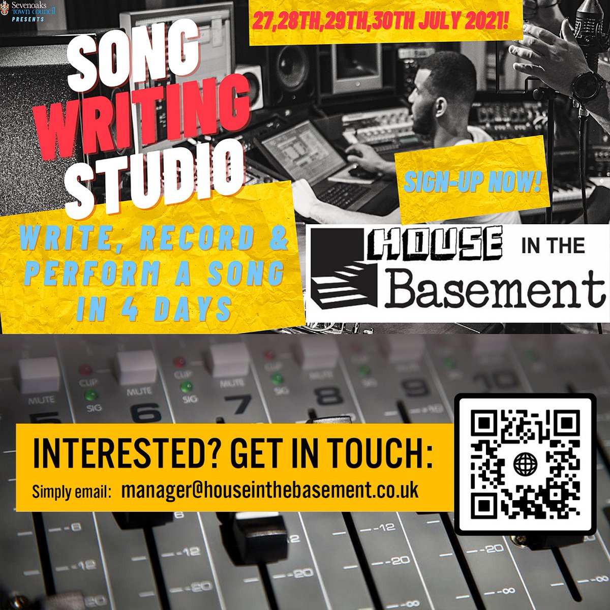 7oaksEvents's tweet photo. Calling all aspiring musicians! 

Come join the amazing @adamwedd for a limited time Song writing studio session at @HouseInBasement youth cafe! 

Learn how to write, record and perform your very own song in this exclusive 4 day course 

-11-18 year olds only- https://t.co/PBwFl5btYJ