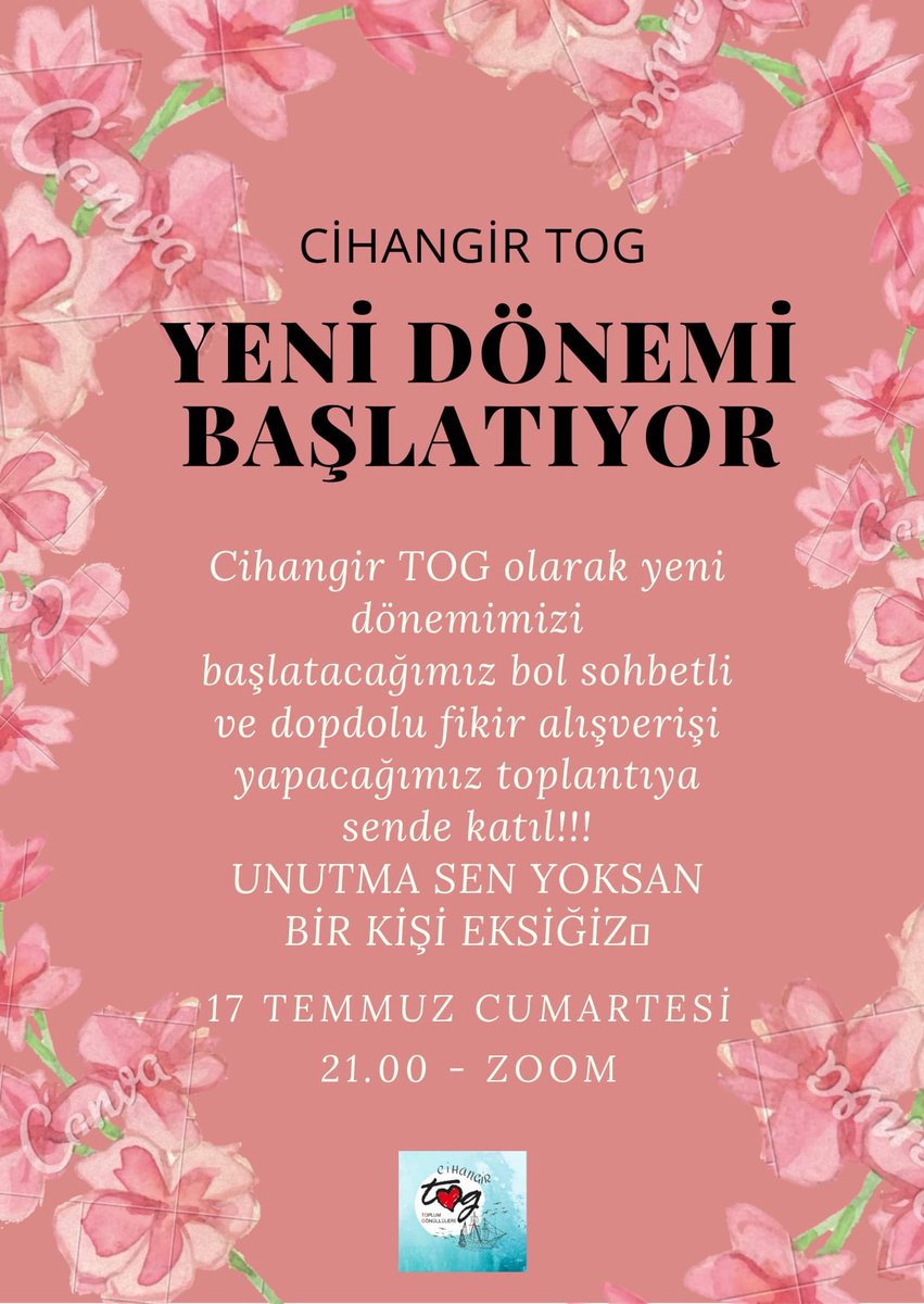 Yeni dönem toplantımıza herkesi bekleriz! 
♥️
Zoom üzerinden gerçekleştirilecektir.
♥️
📆 17 Temmuz Cumartesi akşamı saat 21.00’da🥳 
<a href="/TOGVakfi/">Toplum Gönüllüleri Vakfı</a>