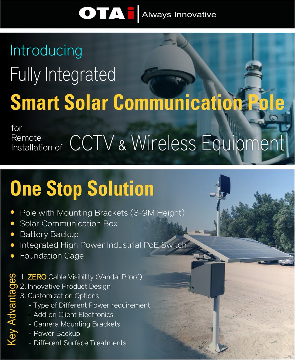 OnnetL's tweet image. Remote Power Solution for Communication equipment is MUCH SIMPLER and COST EFFECTIVE now...!

Fully Integrated Smart Solar Communication Pole with Compact Solar Communication box.

Click here for more information :
lnkd.in/diaMpp4

#solarpole #CCTV #madeinuae #reliable