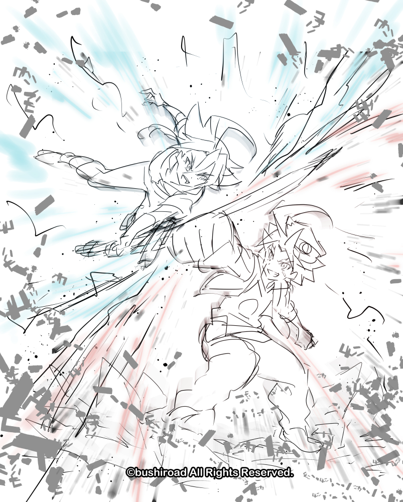 バディファイトのパッケージで描かせていただいた友牙君と牙王君。剣の手は両方持たせてくださいって言われて頑張って調整した思い出。
勢いあるイラストは描いていて楽しい。
#バディファイト 