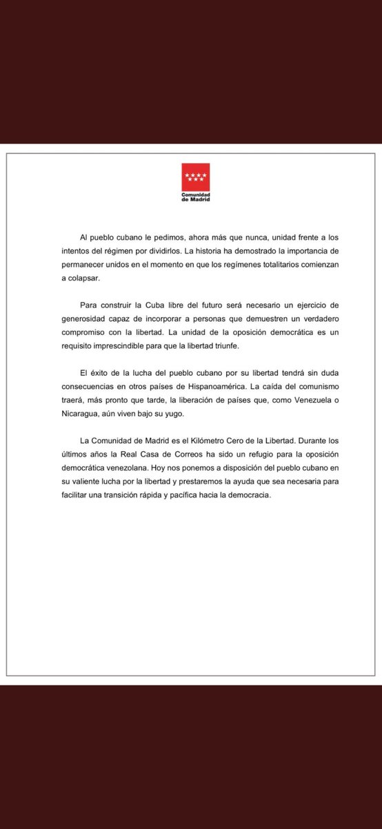 Libertad y Democracia para todo pueblo reprimido!
Bravo, presidenta <a href="/IdiazAyuso/">Isabel Díaz Ayuso</a>