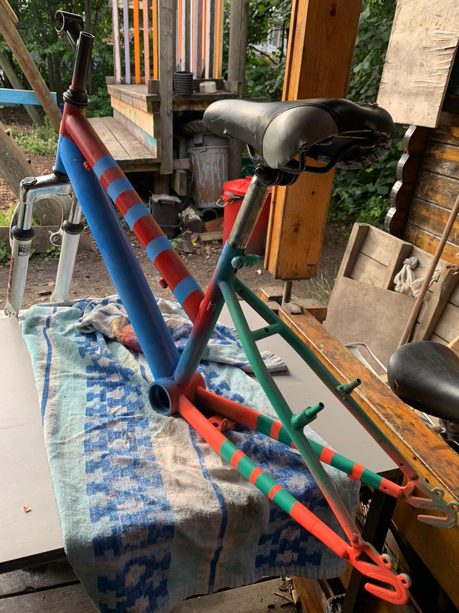 Triangle #BikeLife old bike refurb coming along lovely! Lots of young people wanted to add their favourite colour to our respray and it's looking pretty special 🔵🔴🟢🟣🟠 Soon be ready to loan out to our young people 🚲 #walkcycleldn