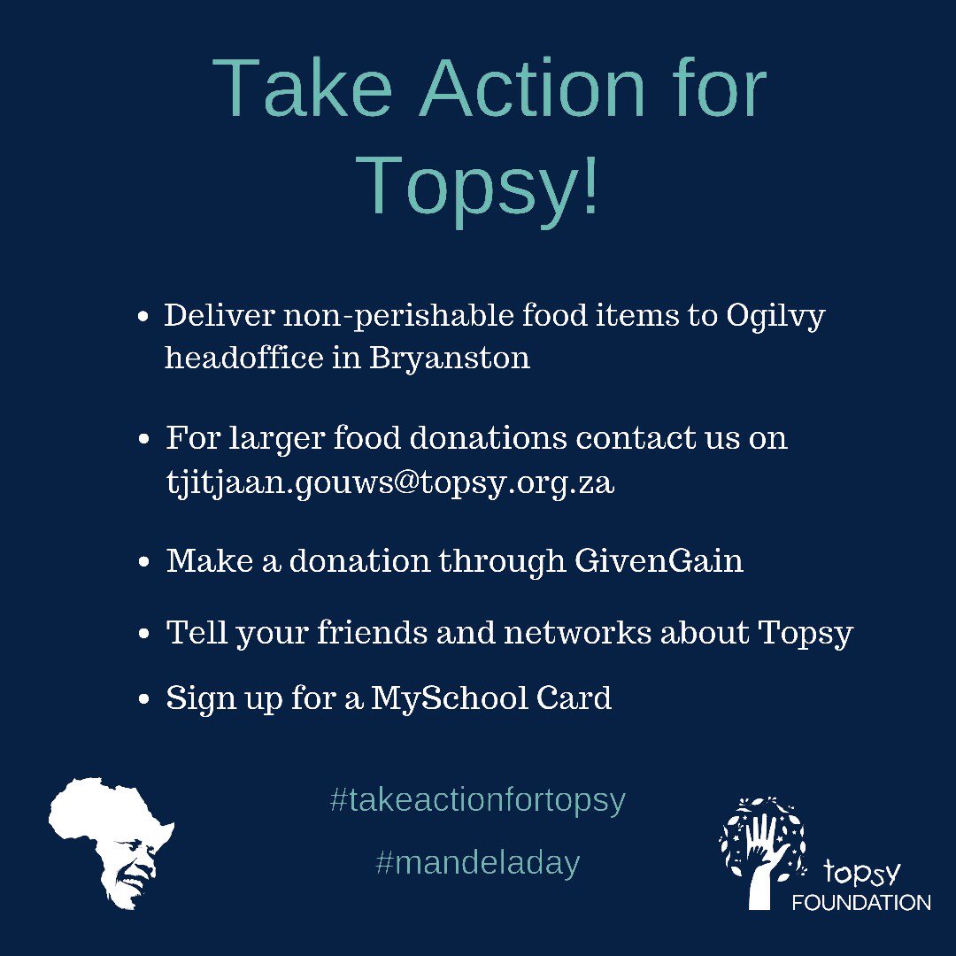 TopsyTweets's tweet photo. Join our event ‘Take Action for Topsy this Mandela Day!’ https://t.co/b08dkFlwkB
“We must use time wisely and forever realize that the time is always ripe to do right." Nelson Mandela

#children #foodsecurity #southafrica #npo #takeactionfortopsy #donations #MandelaDay https://t.co/b4EHbSiOWT