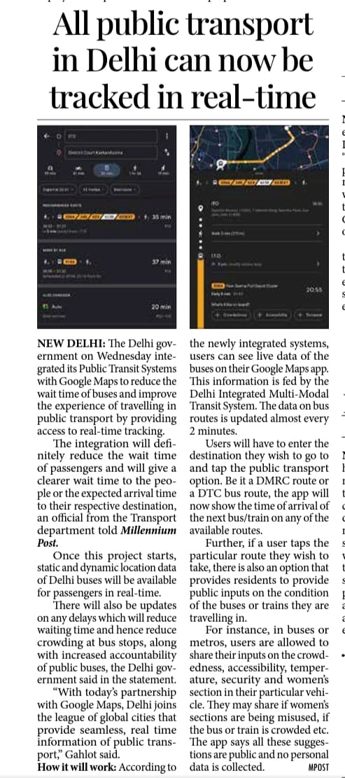 uspto_gov's tweet photo. Delhi Govt partners with @Google to provide real time information of buses available on the Google maps platform. Delhi public transport users can now plan their bus journeys to the minute. 
@kgahlot @Jasmine441 @ashishkundra https://t.co/5cCnlRVCm8