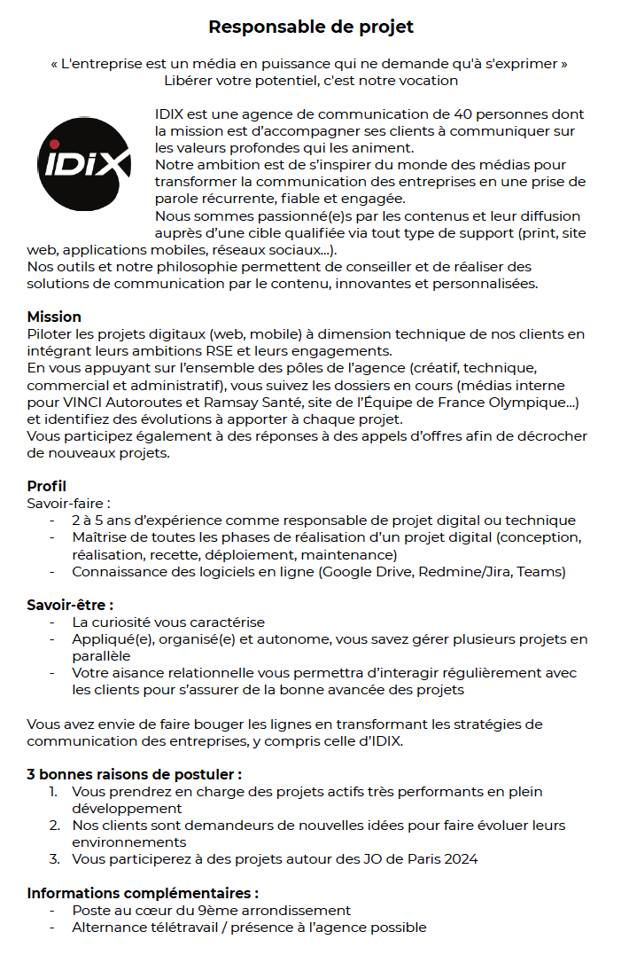 MichaelAmand's tweet photo. Vous êtes responsable de projets digitaux, vous avez envie de travailler sur des dossiers passionnants de réseaux sociaux d'entreprise (site et application iOS/Android) et sur les #jeuxolympiques de #Paris2024, rejoignez-nous chez IDIX ! #job #cdi #freelance https://t.co/kiZajWNL2V