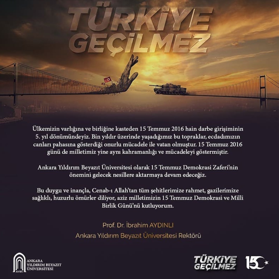 15 Temmuz Demokrasi ve Milli Birlik Günü'nde Şehitlerimizi ve Gazilerimizi Saygıyla Anıyoruz.
<a href="/ybuankara/">Ankara Yıldırım Beyazıt Üniversitesi</a> <a href="/ybunikonsey/">AYBÜ Öğrenci Konseyi</a>
#ÜniversitemAYBÜ #15Temmuz