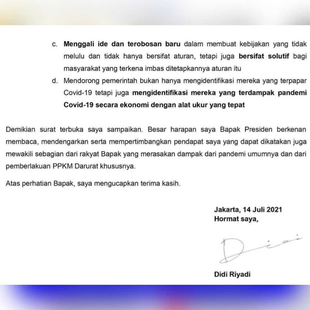 Surat Terbuka dari Didi Riyadi untuk Pak Jokowi 
.
Kalian SETUJU atau TIDAK sama Didi Riyadi ?