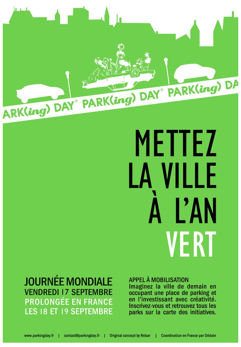 PARK(ing) DAY est de retour le 17 septembre 2021 ! 
Pour sa 11ème édition en France, PARK(ing) DAY vous invite à vous réapproprier l’espace public en transformant une place de stationnement en espace vert, convivial, créatif ou revendicatif ! 
parkingday.fr