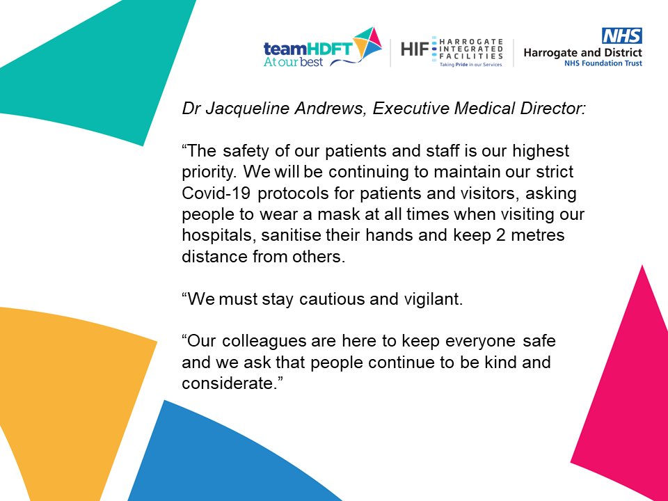 HarrogateNHSFT's tweet photo. As Covid restrictions are lifted in many places from 19 July, please remember the safety of our patients &amp; staff continues to be our highest priority. We will be continuing to maintain our strict Covid-19 protocols for patients and visitors. https://t.co/FtTYCIZZcj https://t.co/z9suLPFp4T