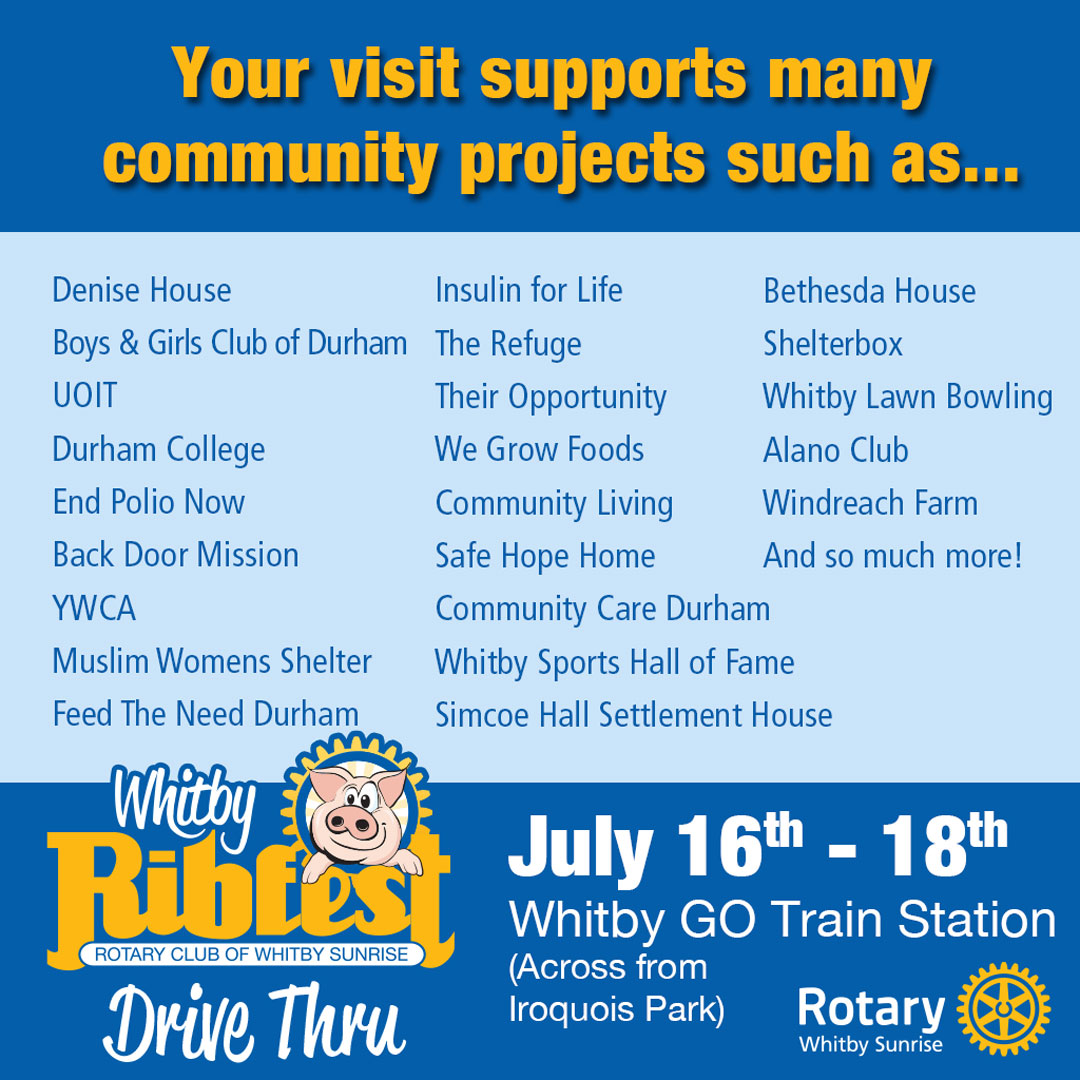 whitbyribfest's tweet photo. Whitby Ribfest Drive-thru starts tomorrow! Come by between 11am and 8pm to pick up a delicious meal &amp;  support your community at the same time. Proceeds from this fundraiser benefit projects of the Whitby Sunrise Rotary Club. https://t.co/HmY11gasWM
#whitbyribfest https://t.co/aZxvzH18s5