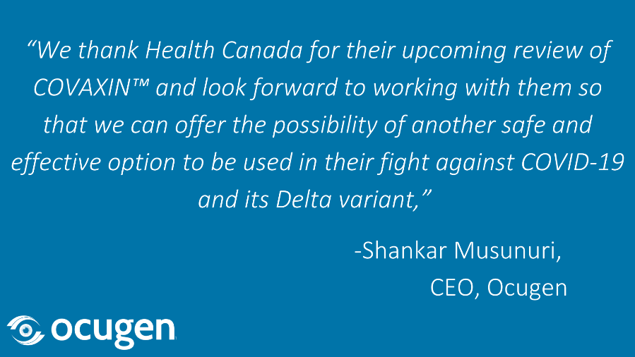 Regulatory filing:✅ $OCGN pleased to announce that we filed a submission with <a href="/GovCanHealth/">Health Canada and PHAC</a> for our candidate #vaccine Learn more here bit.ly/3B8WrhF #COVIDVaccine #makeadifference