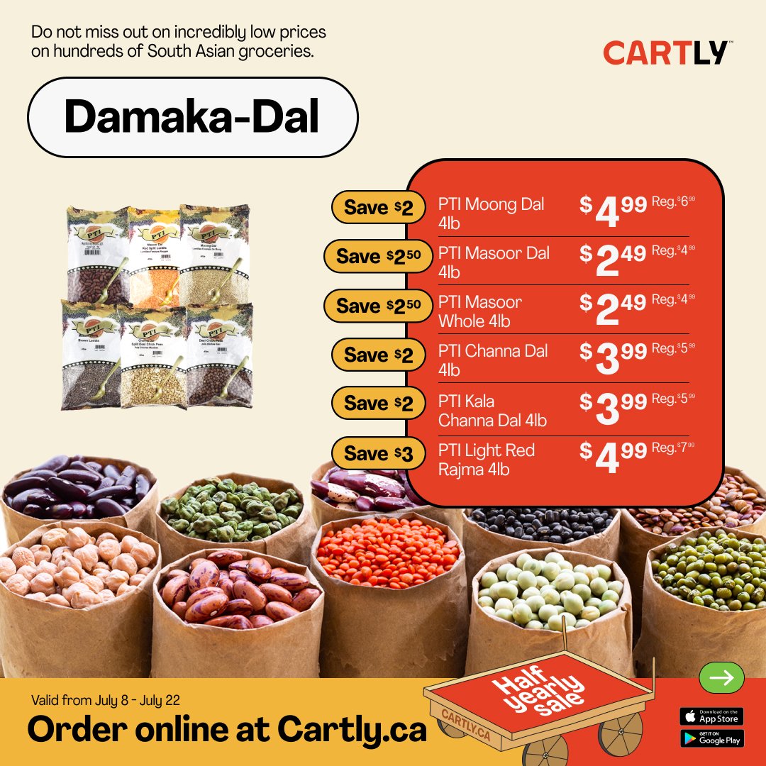 yourcartly's tweet photo. Go simply desi with Cartly Dals Dhamaka where over 5000+ Asian groceries are delivered right to your doorstep. Grab this offer by ordering from https://t.co/lDMMUUHkL5 and avail these weekly deals!!!
#desigoodness #simplydesi #doorstepdelivery #Dals #simplydesi #dalsdhamaka https://t.co/A4Q9F3BJIq