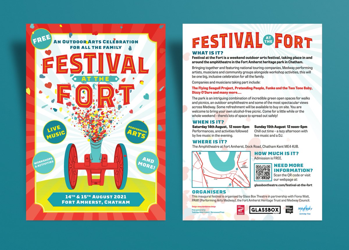 MBarnesDesign's tweet photo. Recent flier design for Fiona Watt and @GlassboxTheatre for the Festival at the Fort @FortAmherstuk next month. Pleased to say it went down with a bang. https://t.co/57wFlay6i1