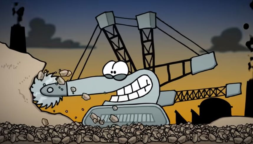 Aus dem Film ein fast niedlich aussehender Comic-Figuren-Bagger im Tagebau.