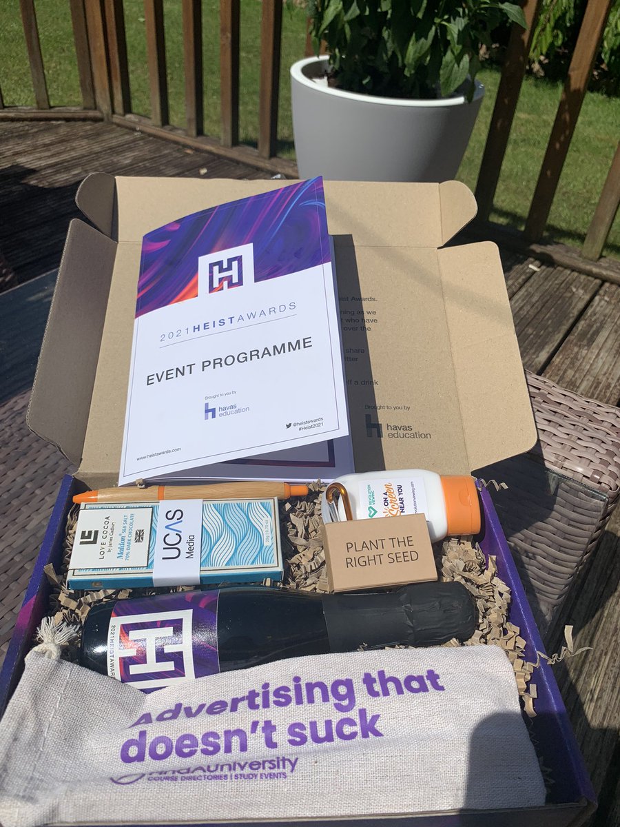 Thanks @heistawards and sponsors for the event goodie box! The sun ☀️ lotion from @revolutionview will be handy today - and @UCASMedia chocolate always a good shout! Good luck to everyone shortlisted tonight 🤞
