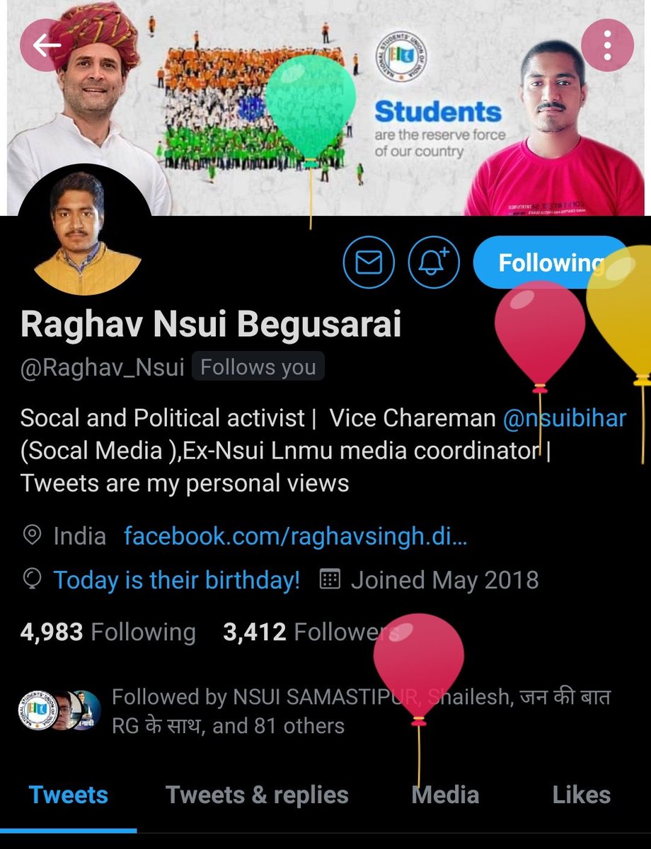 कांग्रेस पार्टी के मजबूत सिपाही भाई @Raghav_Nsui  जी को जन्मदिन पर अशेष बधाई एवं शुभकामनाएं।