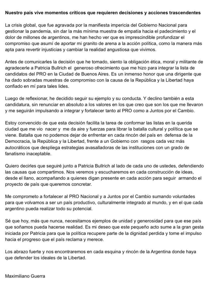 Quiero contarles que tomé una determinación. Cómo sabemos, nuestro país vive momentos críticos que requieren decisiones y acciones trascendentes y yo no puedo estar alejado de esa realidad. bit.ly/CartadeMaxiGue… 👇