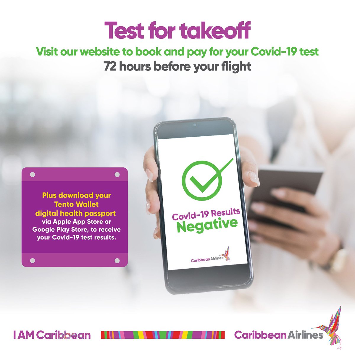 iflycaribbean's tweet photo. Book and pay for Covid-19 tests via our website 7 days in advance but no less than 48hrs before departure. Plus download Tento Wallet on Apple App Store or Google Play Store to get results via digital health passport. See more https://t.co/kj9cEplQQe
#iflycaribbean #iamcaribbean https://t.co/xjjWU40udJ
