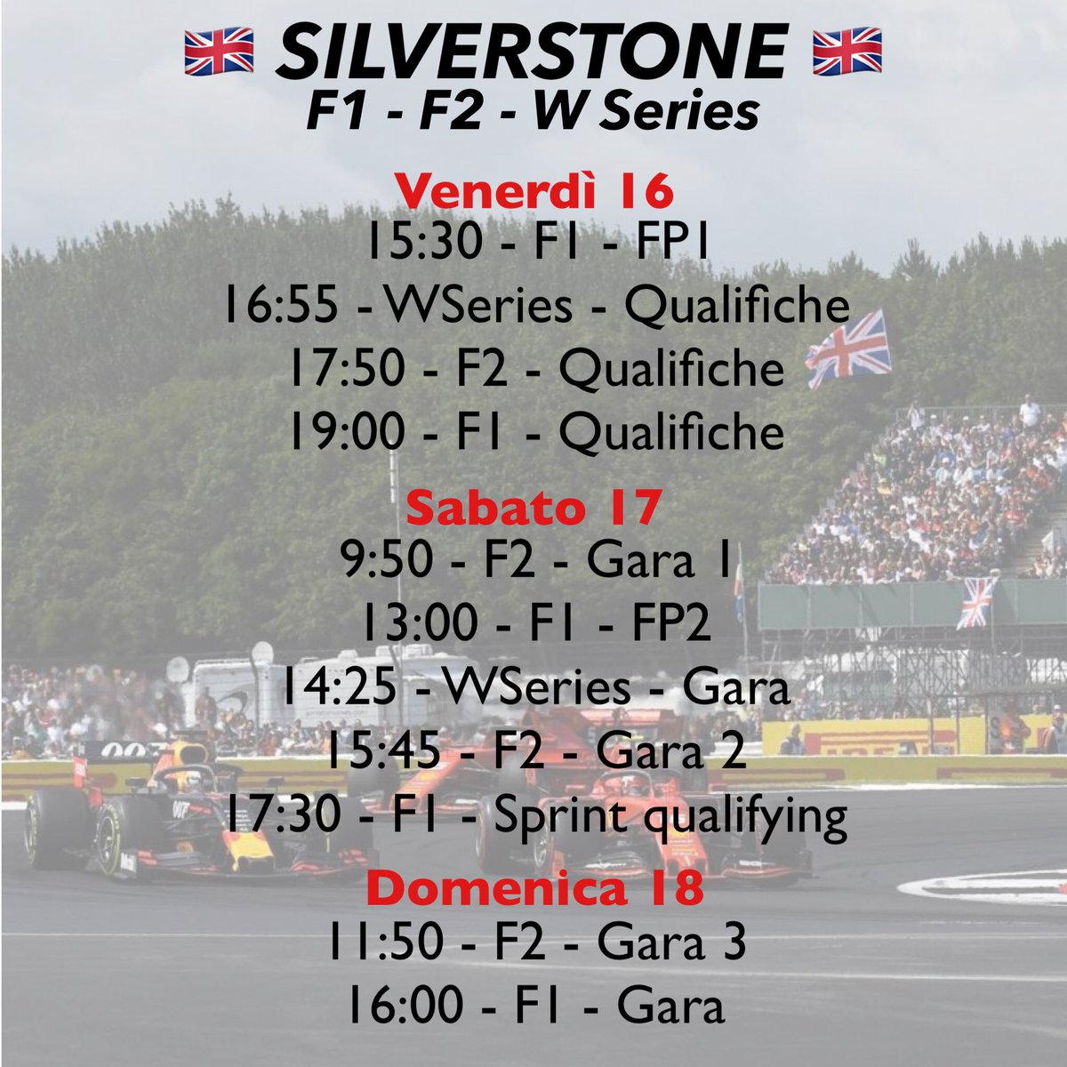 mult1formula's tweet photo. ⏰ GLI ORARI DEL WEEKEND ⏰
Siete pronti per il #BritishGP🇬🇧?
Tra venerdì e domenica, sul circuito di Silverstone, correranno ben tre categorie! 🏎
Aggiungi questo tweet ai segnalibri per non perderti neanche un minuto della @F1, della @Formula2 e della @WSeriesRacing! 📲⬇️ https://t.co/ZAERQh5Cvv