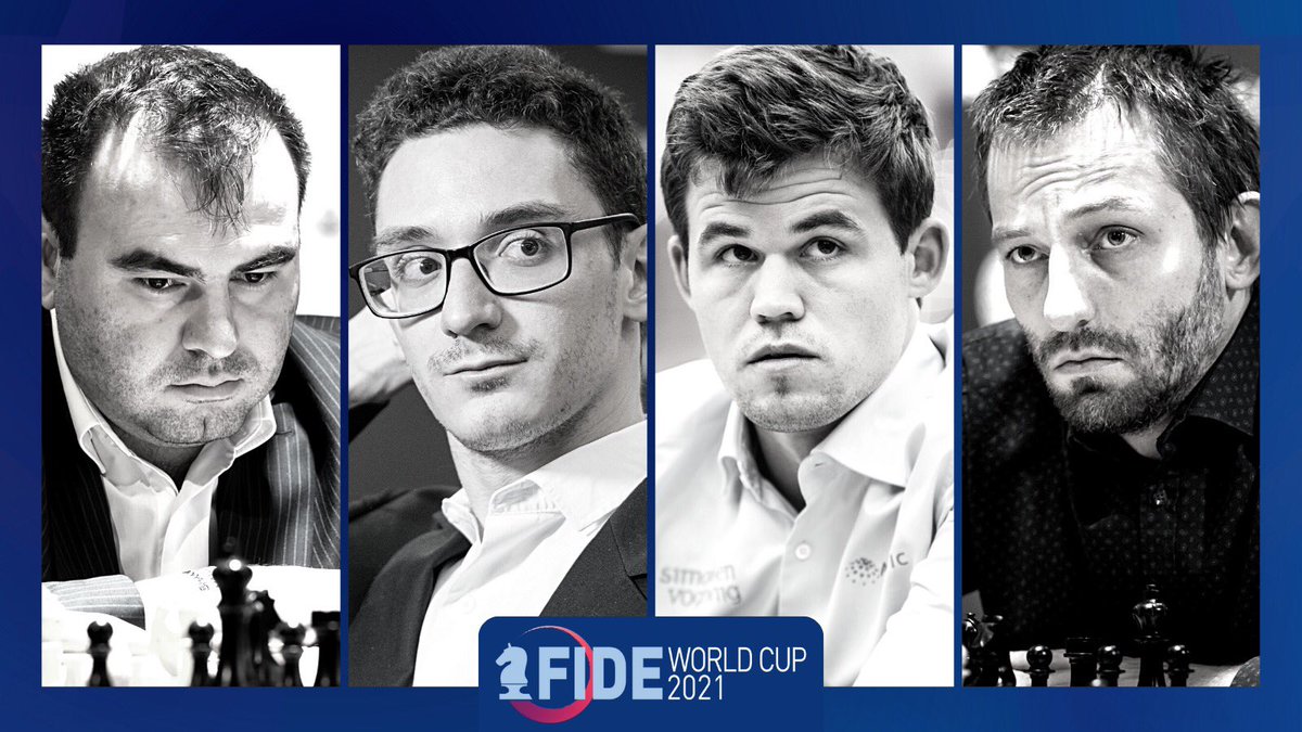 FIDE_chess's tweet photo. Magnus Carlsen, Fabiano Caruana, Shakhriyar Mamedyarov and Alexander Grischuk are merely 4 of the 50 top seeds jumping in on the 2nd Round of the #FIDEWorldCup today. Watch the games at: https://t.co/voiKBMw6Ps https://t.co/lRnPi8V2jg