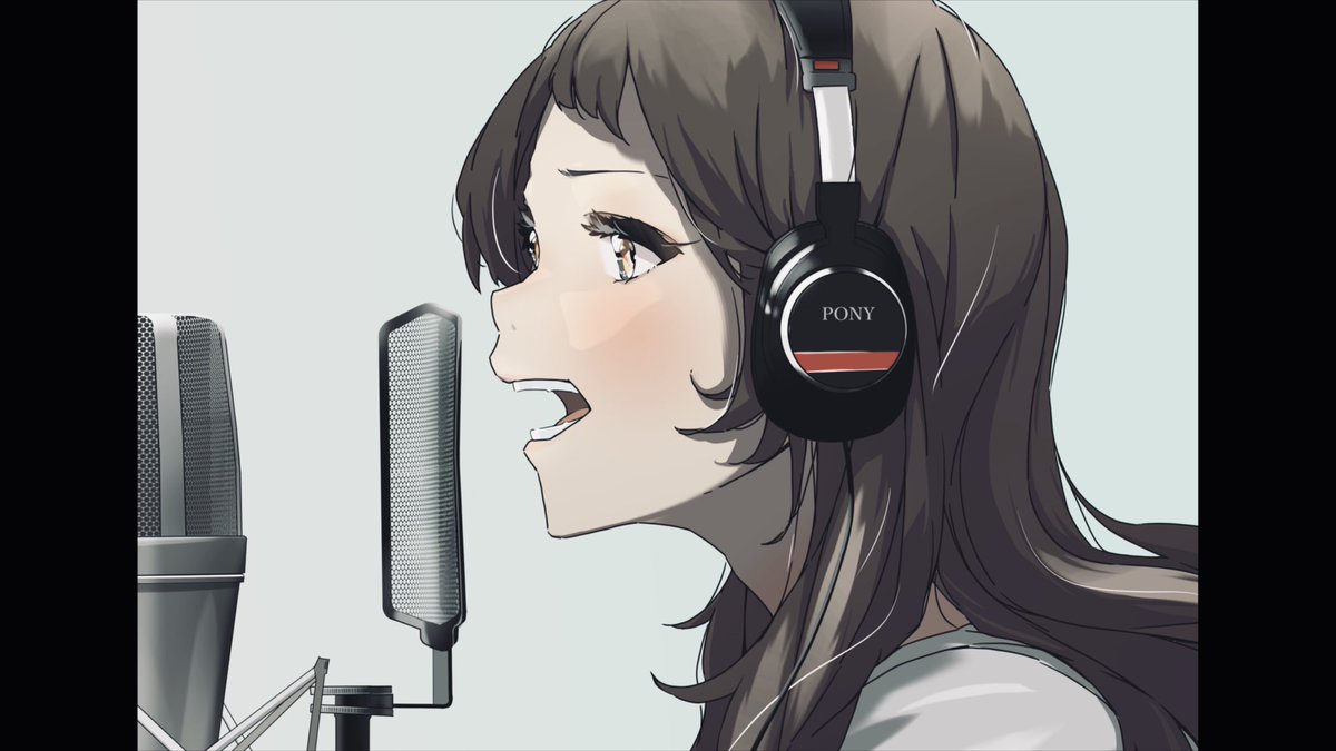 1girl microphone solo headphones long hair brown hair open mouth  illustration images