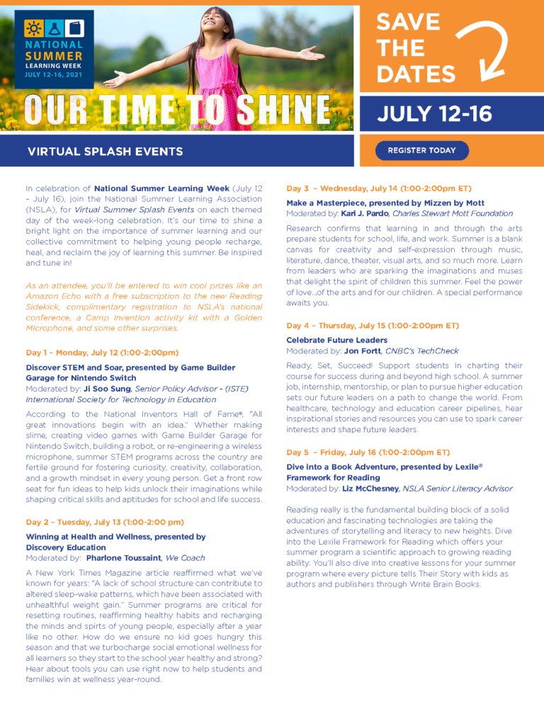 Today's National #SummerLearningWeek Virtual Splash Event, "Celebrate Future Leaders," starts at 1:00 p.m. ET.

Hear inspirational stories and resources you can use to spark career interests and shape future leaders. Register here: bit.ly/3xD7FJ4

#DiscoverSummer