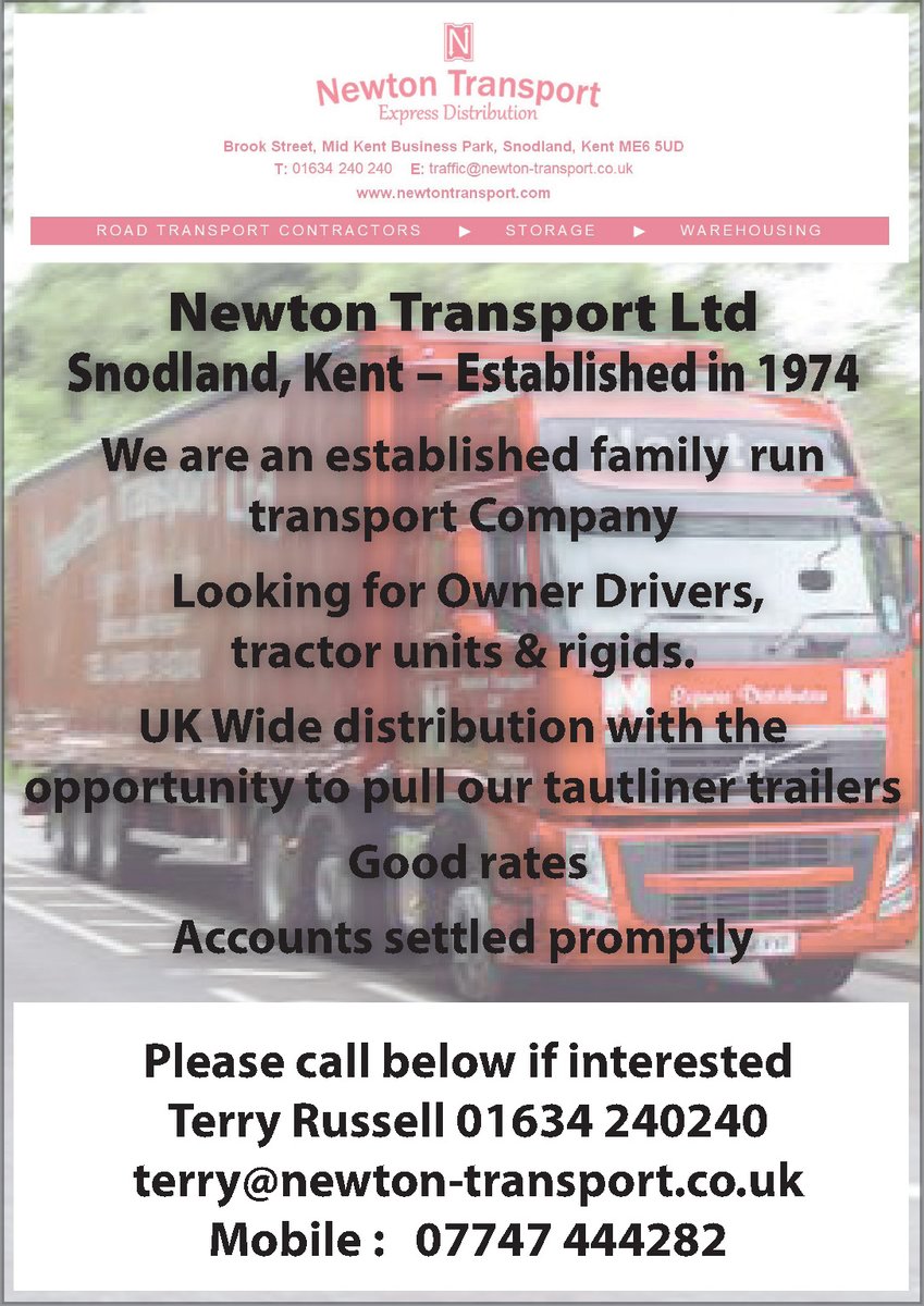 Kent-based Newton Transport are keen to acquire the services of owner drivers and are offering good rates of remuneration. If interested contact terry@newton-transport.co.uk
#ad #hiring #jobopportunity #recruitingnow