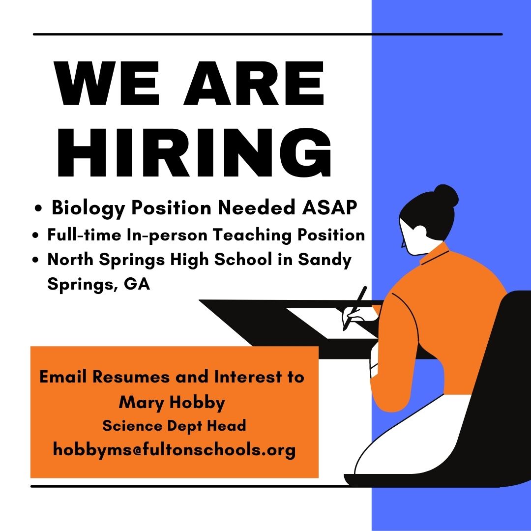 ceppbcoe's tweet photo. North Springs High School opportunity available now! Contact hobbyms@fultonschools.org @KSUBCOE @ksucareers https://t.co/i8zayyn2VD