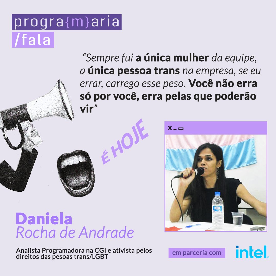 programaria's tweet image. É hoje o nosso #PrograMariaFala com a Dani Andrade em parceria com a Intel! Começa às 19h, totalmente online e gratuito! Quem vamos? 🤘🏽🌈E ainda dá tempo de você garantir a sua vaga! Confira no link a seguir: mla.bs/fe3bde02