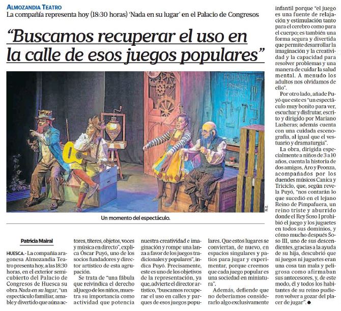 🎭 La compañía <a href="/Almozandia/">Almozandia Teatro</a> representa hoy, a las ⏱ 18:30 horas, "Nada en su lugar", en el Espacio exterior semicubierto ❗

🔖 Últimas entradas 👉 bit.ly/3eh9HqP

🗞  Noticia publicada en el <a href="/altoaragon/">Diario del Altoaragón</a> 

<a href="/aytohuesca/">Ayuntamiento de Huesca</a> #laurentis2021 #Huesca
#teatro #PCHU #CulturaSegura