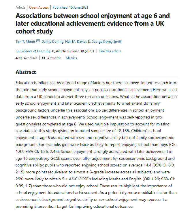 AdamMGrant's tweet image. On the importance of making learning fun:

Students who enjoy school at age 6 earn higher standardized test scores at 16—even after controlling for intelligence.

Teachers set the tone for intrinsic motivation. Students who like their teachers are 9x more likely to enjoy school.