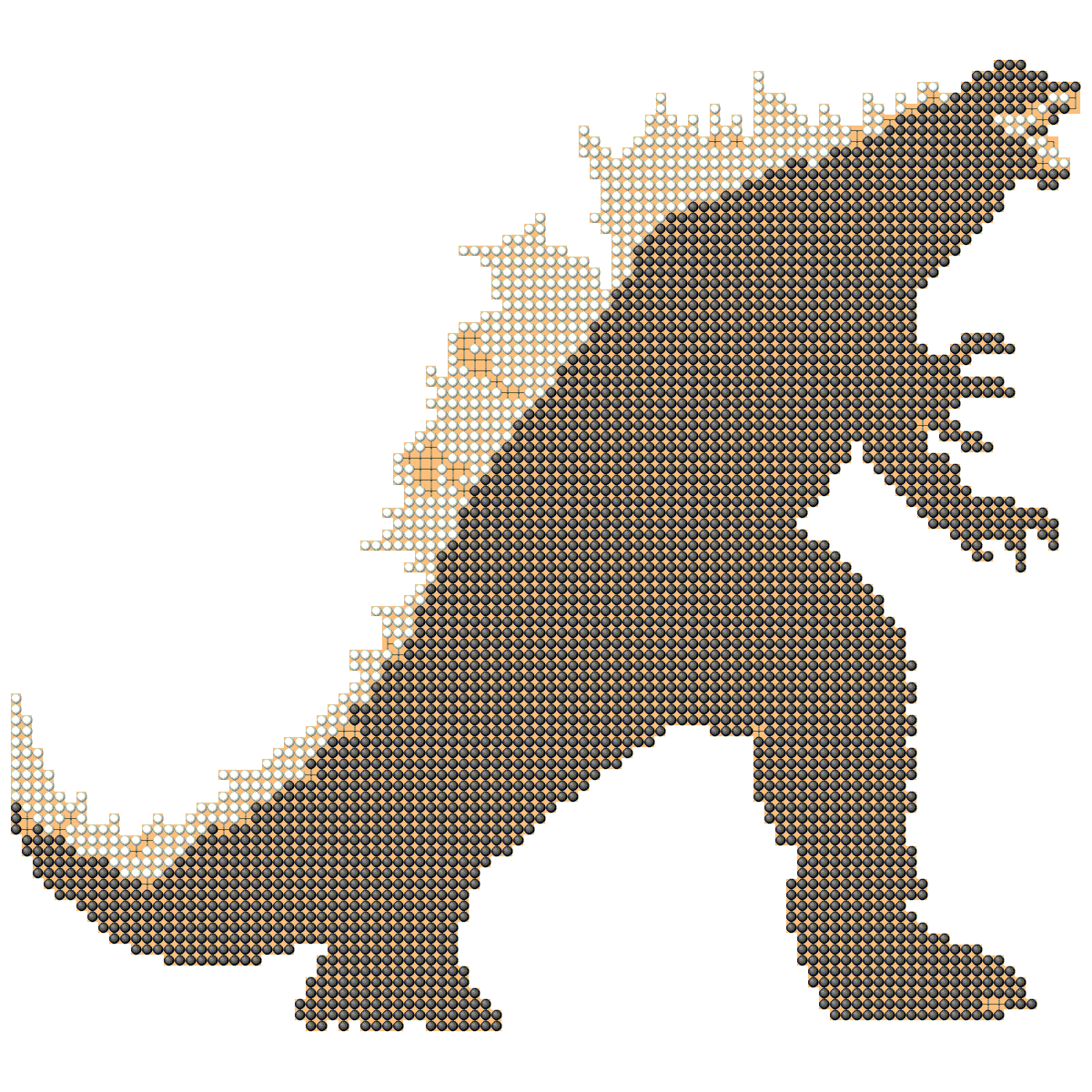 chitokunn's tweet photo. ゴジラです。
今回は碁盤もちょっと変形してみました。

98×89　
黒から囲碁して引き分けになります。
口のところで変なことが起きて・・・！？

#囲碁アート https://t.co/VnsueUKLXW