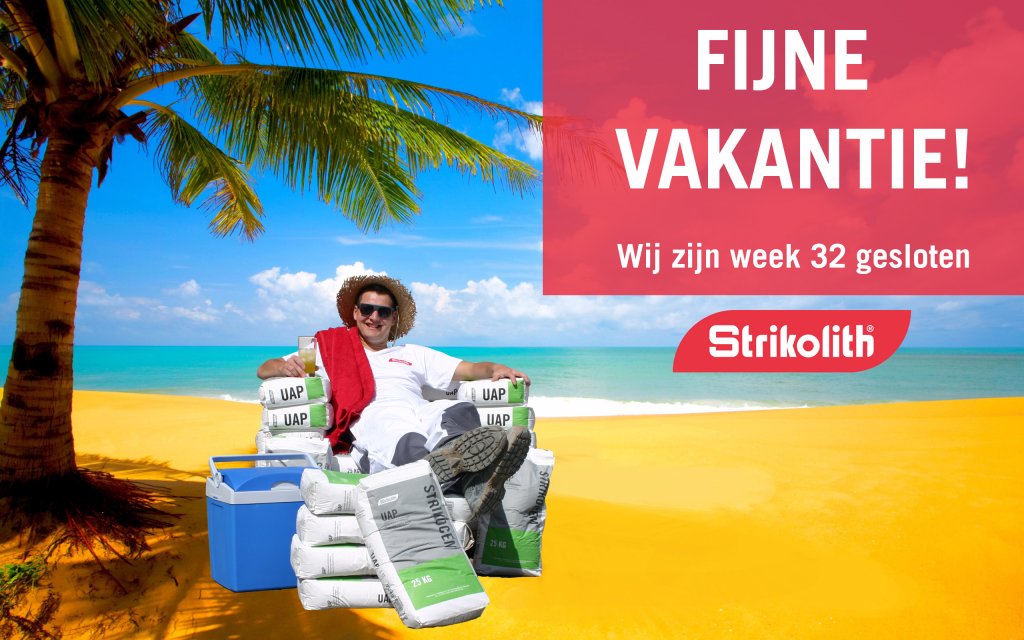 Strikolith gaat met vakantie!

In week 32 (maandag 9 tot en met vrijdag 13 augustus 2021) zijn onze kantoren en magazijnen gesloten. 
Kijk voor meer informatie op: strikolith.com/over-strikolit…