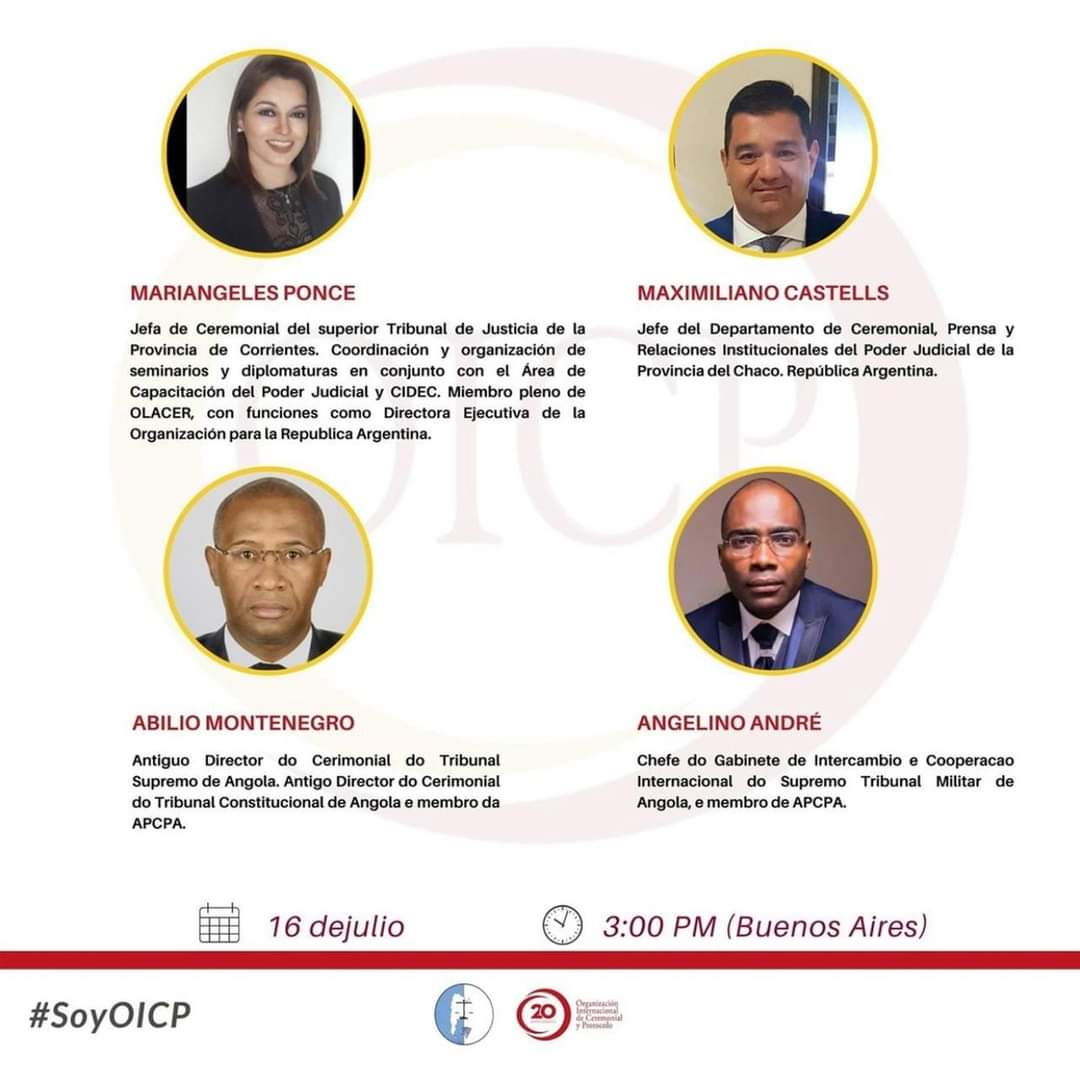 Tenemos una nueva cita Mariángeles Ponce, Maxi Castells, Abilio Montenegro y Angelino Andre, compartirán sus experiencias como  ceremonialistas de órganos judiciales. <a href="/OICP_Protocolo/">OICP</a> #SoyOICP