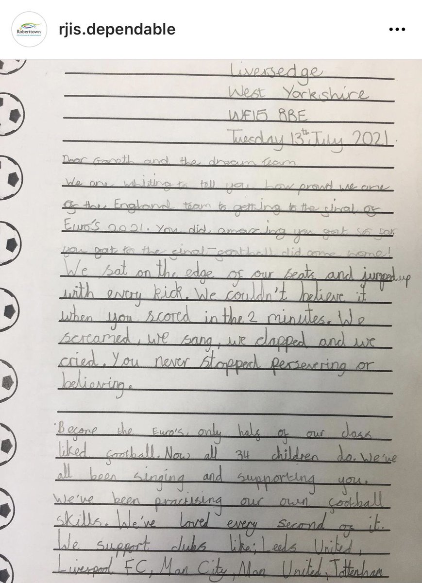 RoberttownSch's tweet photo. A letter to Gareth Southgate and the Dream Team written by Year 3. We are so very proud of you and your achievements. This week we reflected on all the amazing things that happened on the pitch and discussed some of the upsetting things that have happened off the pitch. @England https://t.co/b5syySG2Pe