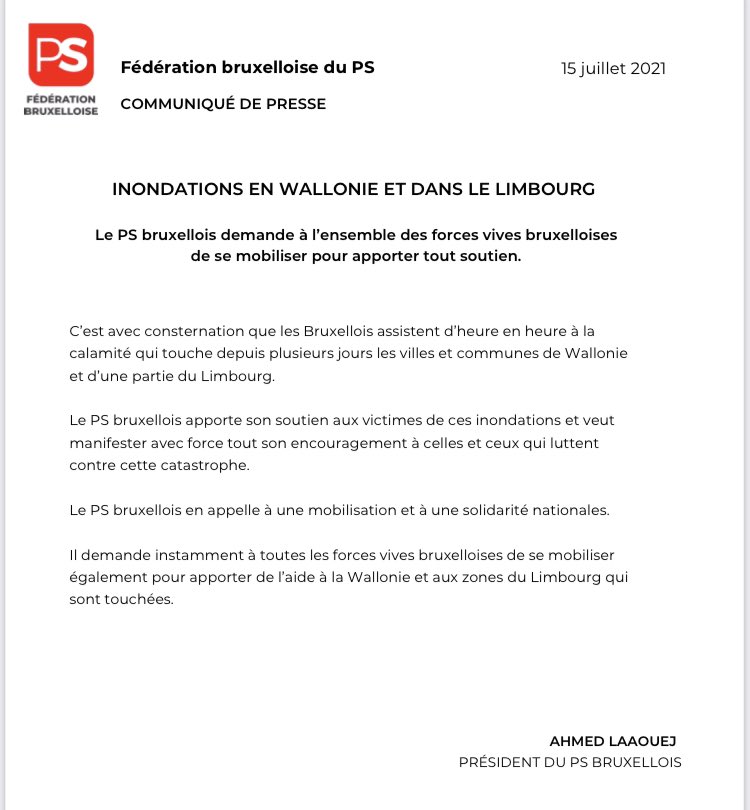 AhmedLaaouej's tweet photo. Le @psbruxellois demande à toutes les forces vives bruxelloises de se mobiliser pour apporter un soutien matériel à la Wallonie et au Limbourg touchés par ces très graves inondations. #Solidarité https://t.co/IpZnWdizCZ