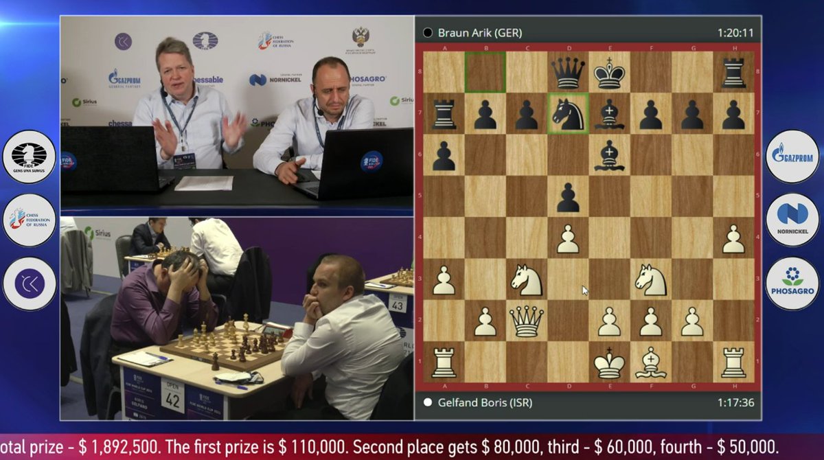 Gelfand rauft sich gelfandtypisch die Haare, Braun überlegt noch, ob ihm irgendwas peinlich sein sollte. Die Spannung steigt, Braunbär stay strong! #FIDEWorldCup #BerlinBears #schach