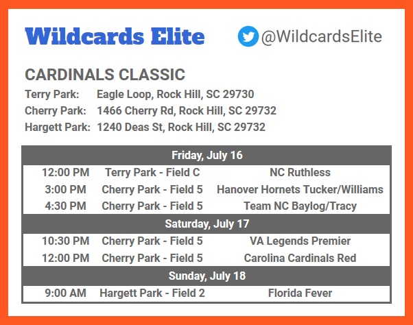 WildcardsElite's tweet photo. Our schedule for Rock Hill. We have 3 games tomorrow starting at noon - come check us out! #CardinalsClassic https://t.co/mkVltffQiC
