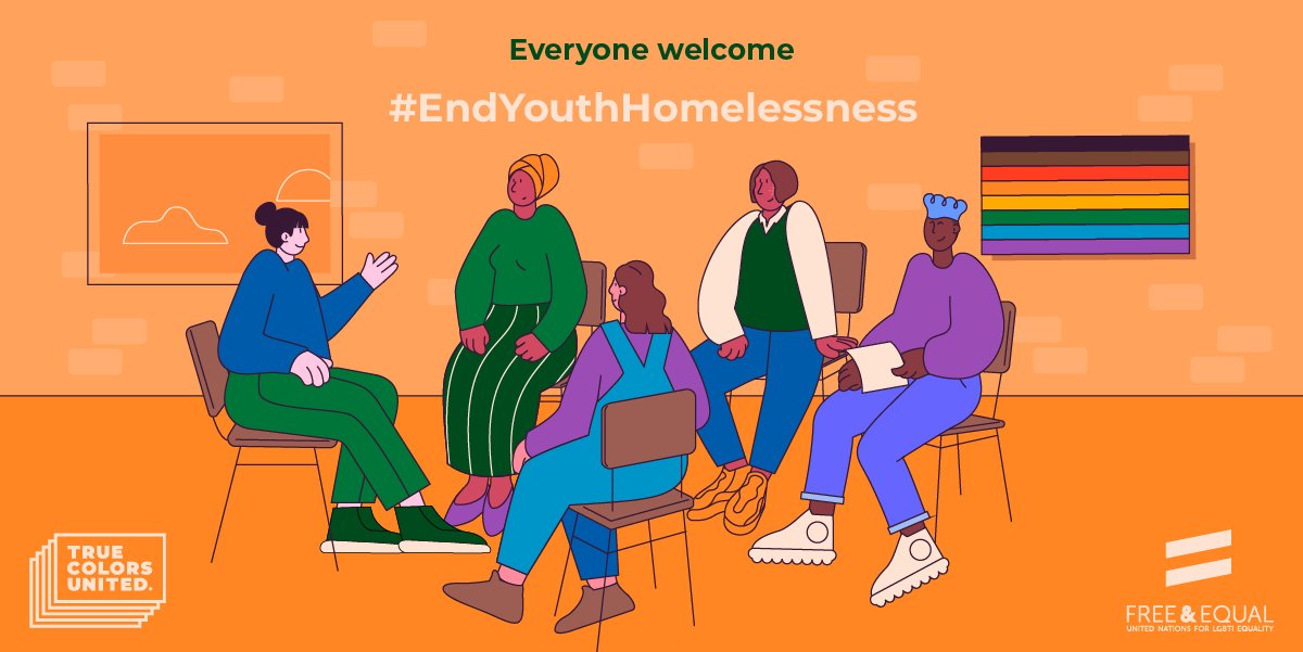 A group of people are sitting in a circle, listening to one of them talking; the tagline reads “Everyone welcome - #endyouthhomelessness”