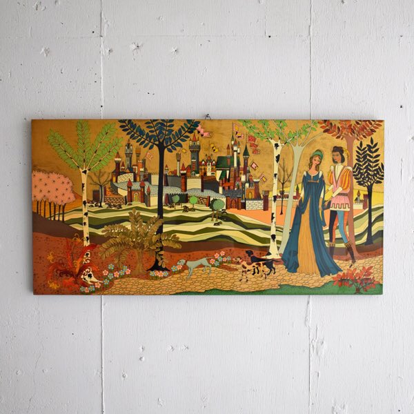 中世ヨーロッパ風景が肉筆で描かれた、木製パネルです。作者は、建築家