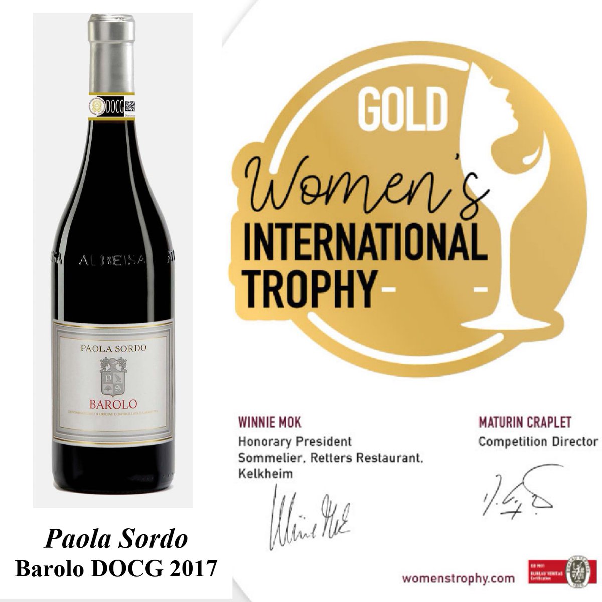 #womensInternationalTrophy🥇
#GOLD for #PaolaSordo #barolodocg 2017
At the Women’s International Trophy, wines & spirits are awarded medals only after a rigorous selection process with high added-value. Each sample is blind-tasted by an international jury composed only of women.