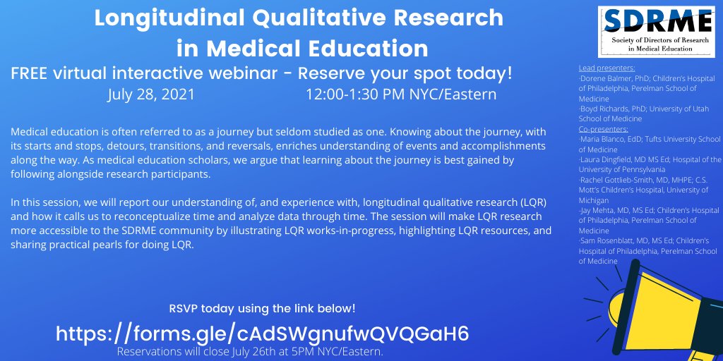 Register today for our upcoming workshop on longitudinal qualitative analysis! To register, use this link:  forms.gle/cAdSWgnufwQVQG… #meded #medtwitter <a href="/dorenebalmer/">@dorenebalmer</a> @MariaABlanco1 <a href="/jaymehtamd/">Jay Mehta</a> <a href="/Dingfieldl/">Laura Dingfield</a>